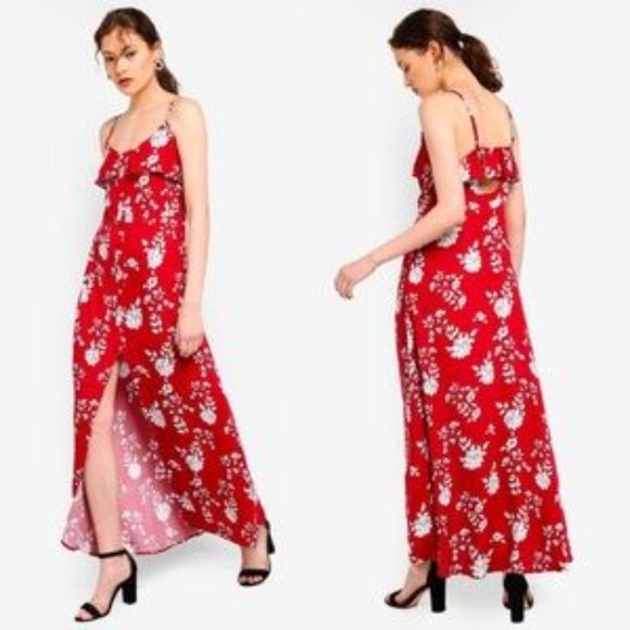 Guess Dresses & Skirts - NWT  Gwen Red Floral Maxi Dress with Back Keyhole and Ruffle Detail